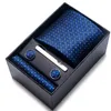 목 넥타이 세트 공장 판매 65 색상 최신 디자인 실크 타이 손수건 커프 단추 세트 넥타이 박스 블루 맨 웨딩 액세서리 사무실