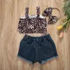 Ensembles de vêtements enfants Baby Girls Summer Top Shorts 3 pièces Costume Leopard à manches courtes Venture plissée Jeans bleus