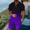 Tracksuits voor heren zomerheren 3D geprinte kleurgradiënt poloshirt+shorts tweedelig zachte en modieuze casual trackset Q2405010