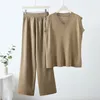 Women's Two Piece Pants Korean Chic Summer V-neck Ice Silk Sleeveless Vest Knit Tops With High Waist Casual Wide Leg Suit Women 2 Sets