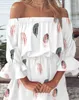 Casual Dresses Sweet Girl's Summer Temperament Pending Women's Fashion Clothes Feather Print Off Shoulder Bell Sleeve Dress