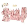 Women's Sleepwear Female Lingerie Nightwear 5Pieces Satin Pyjamas Women Pajamas Sets Flower Print Pijama Kimono