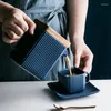 Mokken Noordse keramische theekop en pot ingesteld met houten deksel blauwe verticale strepen koffie mug saucer roestvrijstalen rederijgeling cadeau