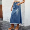 Rokken dames casual stretch taille gewassen denim maxi rok hoge blauw lang noodlijdende rafe rafe zoom zwaai een lijn