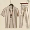 夏のファッションメンシャツズボンセットコットンとリネン半袖メンズカジュアルトップパンツ衣装M4XL 240428