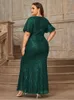 Платья для вечеринок круглое шею с блестками с коротким рукавом тонкое вечернее платье 4xl 5xl Большой темно -зеленый длинный банкет для женщин