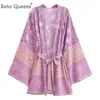Boho Queens Kadın Mor Çiçek Baskı Plajı Bohemian Kimono Elbiseler Bayanlar V Boyun Rayonu Kısa Çöp Bikini Örtü