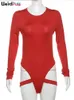 Esquisito buss hollowless backless bodysuit mulher verão sexy gravata longsleeve sólida oneck bandage chic bodyshape skinny clubwear top 240423