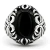Anel de ágata preto turco para homens Pure 925 Sterling Silver Vintage esculpida com oval grande pedra natural anéis masculinos do presente de joias 240509