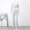 Kvinnors tvåbitar byxor Tassel Sequin Party Set Women Autumn Silver Loose O-Neck Crop Tops Wide Leg Female Suit Fashion Street Lady 2 Set