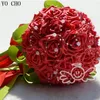 Decorative Flowers Red Wedding Bouquet Bead Rose Bride Wholesale With Green Ribbon Bridesmaid