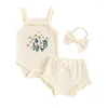 Clothing Sets Born Baby Girl Summer 3Pieces Embroidered Floral Sleeveless Tank Romper Ruffle Cuffs Shorts Headband Waffle Knit Outfits