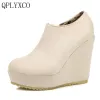 QPlyxCo Nuevo primavera otoño invierno gran tamaño 32-43 botas de tobillo para mujeres botas cortas cuñas súper altas de 12 cm zapatos de dama c212