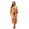 Femmes Summer à manches longues Kimono Couvre de maillot de bain Vintage Fleur ouverte Front Lot Cardigans Châle Robe de plage avec ceinture