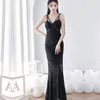 Sukienki imprezowe czarne cekinowe paski spaghetti sukienka wieczorowa Slim Slit Sit Mermaid Fashion Sexy Women Long Cocktail Gonws 2024