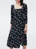 Vestidos casuais 2024 Primavera Summer Summer Women Square Dress Dress Black Viscose Slit Ballet Angel Print Ladies Midi Robe