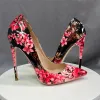 2022 Flower Stampa Donne Glossy Brevetto Pompe a spillo floreale floreale scarpe ad alto tallone chic size 34-45