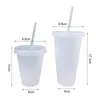 Engångskoppar sugrör 5 st/set 500 ml/700 ml vatten kopp mat klass anti-deform pp halm med lock bärbar plast