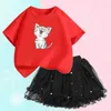 Kläder set sommarflickan kostym söt katttryck t-shirt och tutu klänning prinsess dräkt set childrens fest costumel2405