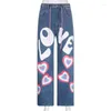 Jeans femminile estate da donna piccante girl sweetheart personalità street contrasto color love graffiti stampare gamba dritta sciolta