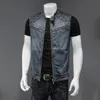 Dimusi erkek denim yelek vintage moda tasarım retor kolsuz ceketler erkek sokak kıyafeti yırtık delik punk jean yelek giyim 240509