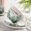 Cups Saucers 240ml Monstera Leaves Garland Ceramic Coffee Cup With Saucer Nature Fresh Large Caliber Cappuccino Latte Cup Sets Free Shipping