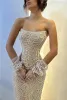 Dubai Arabic New Sexy Champagne Evening Dresses Strapless Mermaid Long Party Ocn Gowns With Full Pearls Beadings Vestidos BC18823