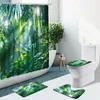 Shower Curtains Tropical Green Plant Palm Leaf Curtain Flamingo Flower Non-Slip Flannel Rug Toilet Cover Bath Mat Bathroom Set Home Decor