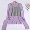 Women's Sweaters Knit Vest Long-sleeved Sweater Shirt Two-piece Set Female Spring Fashion Fold Wear Tank Purple Pullover Korean Elegant