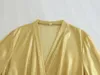 Robes décontractées Brilliant Gold Metal Color Wraps en V-Neck lacet up plissé de robe A-line Style à manches longues Vestidos