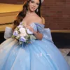 Sky Blue Shiny Sweetheart Quinceanera Dress Off Shoulder Bow Beading Tull Ball Gown Corset Sweet 16 Vestidos De 15 Anos