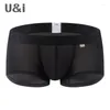 Cueca ui roupas íntimas masculinas masculinas de nylon fino personalidade simples de personalidade intermediária de cintura U-Convex 3D de quatro cantos da cintura