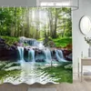 Duschvorhänge Wasserfall Landschaft Springwaldgrüne Bäume Pflanzen Naturlandschaft Polyester Stoff Badezimmer Vorhangdekoration Set