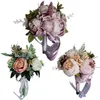 Wedding Flowers European Vintage Bridal Bouquet Artificial Dusty Peony Fake Succulent Plant Lace Ribbon Bridesmaid Party 251F