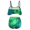 Swimwwear Women Sexy Green Galaxy Bikini maillot de bain coloré imprimé haut de taille haut ensemble de plages à volants