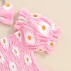 Roupas conjuntos de roupas para garotas roupas de verão Daisy Impressão de manga curta vestido de macacão Shirred com bandeira do arco 2 peças definidas por 0-18 meses