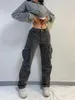 Jeans féminins new cargo droit large strt zipper poche bouton de poche quotidien long jeansg hauteur rétro pantalon féminin jeans h240508