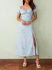 Casual jurken dames Boheemse bloemenprint lange mouw midi jurk boho kanten vierkante kraag split zomer streetwear