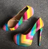 Kleding schoenen mode regenboog kleur stiletto hiel pompen dame gemengd slip-on high hakken vrouwen single real pos