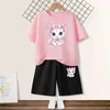 Kläderuppsättningar Princess Girls Cotton Set Short Sleeved T-shirt och 2st/Set Cute and Cute Cat Print T-shirt Summer Cute Tracksuitl2405