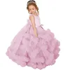 2024 long sleeve Flower Girl Dresses V Neck Beaded Princess Queen Communion Dress Tiered Tulle Little Kids First Birthday Daughter and Mother Dresses Marriage Gowns