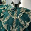 Emerald Green glanzende quinceanera jurk baljurk goud kanten applique kralen verjaardagsfeestje korset sweet 16 vestidos de 15 anos