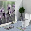 Rideaux de douche Fleurs de plante tissu rideau 4 pièces de blanc sur l'eau du fond noir avec tapis et