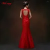 Parti Elbiseleri ZL0089 Şık yular elbise ince bel balıkçı dantel düğün gelini kelime omuz kırmızı akşam 2024 yaz