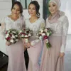 Robe Demoiselle d'Honneur Mangas compridas Sereia Rosa Rosa Mústia Minina Vestidos de Lace Apliques Vestidos de baile árabe Vestido de festa 2201