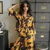 Home Clothing Satin Silk Pajamas For Women 2 Pieces Set Spring Autumn Loungewear Abstract Printed Gold Black Sleepwear Can Be Worn Outside