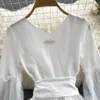 Robes décontractées Femmes Élégante Robe blanche en dentelle en tulle patchwork A-Line Long Manche en V-Cold Office Lady Mini pour 18-24 ans