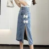 Skirts 2024 Trendy Split Denim Skirt Bare Legs Bow Pearl Rhinestones Women Fashion Skirtsmid-length Package Hip Black Blue