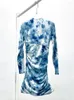 カジュアルドレスデザイナーレトロアクティブプリントセクシーなディープVネックハイウエストドレス2024春の女性ファッションドレープタイトラップヒップスカート