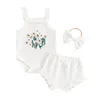 Clothing Sets Born Baby Girl Summer 3Pieces Embroidered Floral Sleeveless Tank Romper Ruffle Cuffs Shorts Headband Waffle Knit Outfits